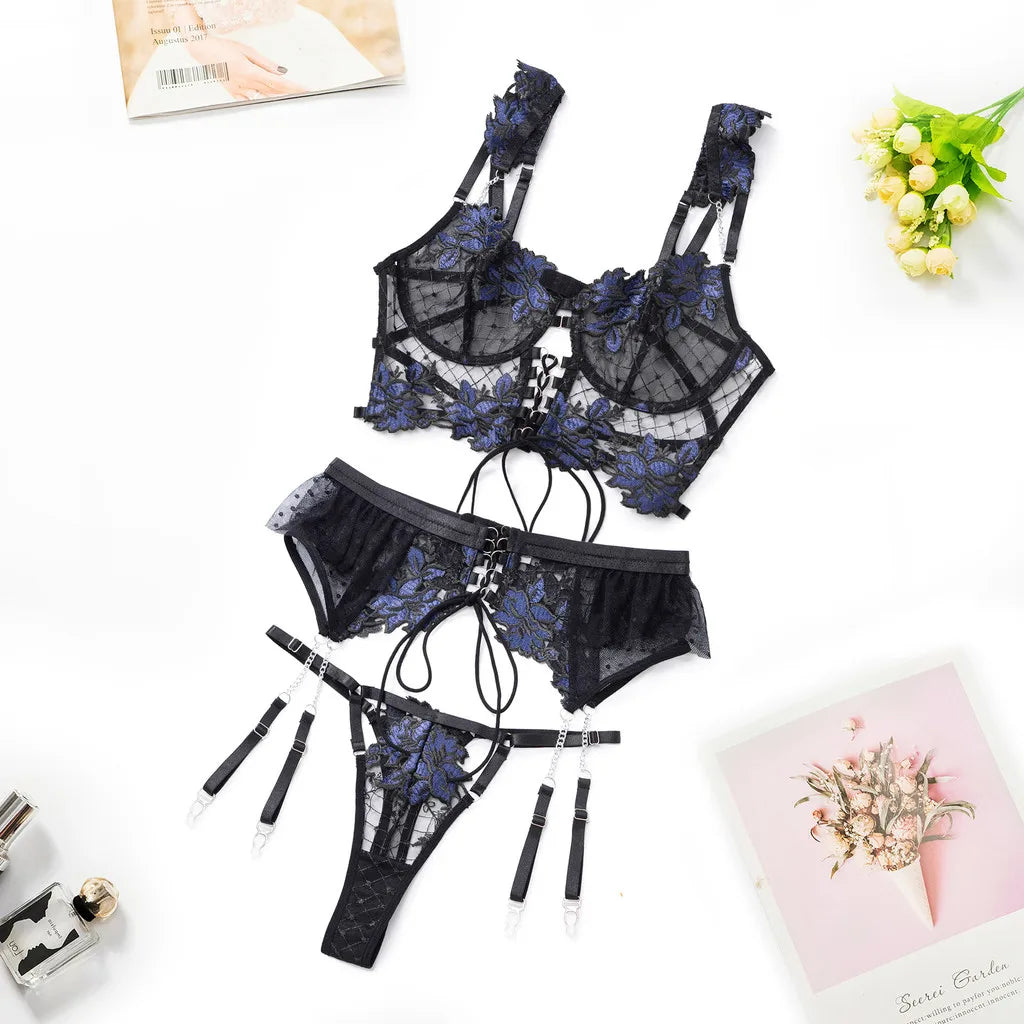 Midnight Black Sheer Floral Embroidered Unlined Bra and Thong Set