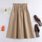 Elastic Waist A-Line Midi Skirt with Functional Side Pockets