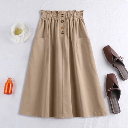 Elastic Waist A-Line Midi Skirt with Functional Side Pockets