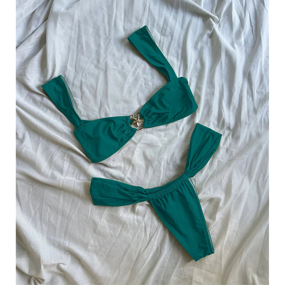 Olive Green Bralette Bikini with Metallic Starfish Hardware