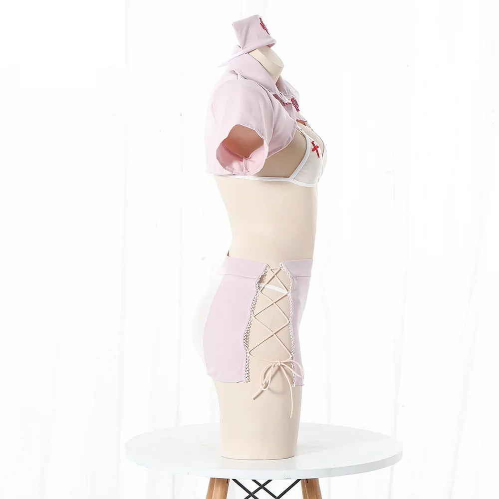Pastel Pink Three-Piece Nurse Roleplay Outfit with Cropped Top and Strappy Mini Skirt
