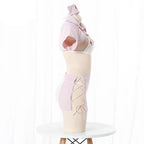 Pastel Pink Three-Piece Nurse Roleplay Outfit with Cropped Top and Strappy Mini Skirt