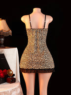 Bold Leopard Print Bodycon Slip Dress with Sheer Black Lace Trim