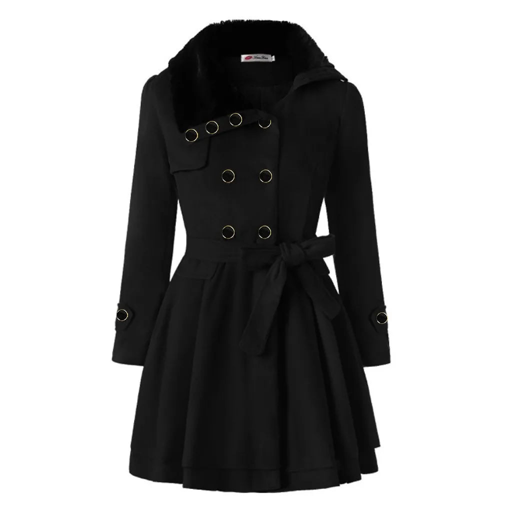 Women's Double-Breasted Hooded Wool-Blend Style Belted Skater Jacket with Asymmetrical Hem Streetwear Coat