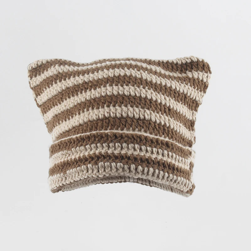 Striped Cat Ear Knit Beanie with Cotton Acrylic Blend for Playful Streetwear Fashion Style