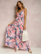 Romantic Watercolor Floral V-Neck Maxi Dress with Tie Waist
