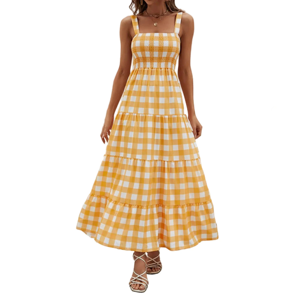 Yellow Gingham Tiered Maxi Dress with Smocked Bodice and Wide Straps