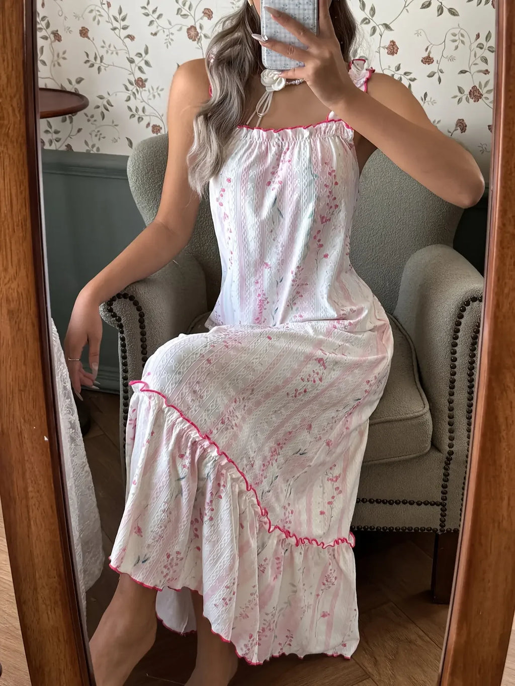 Sweet Ditsy Floral Midi Nightdress with Ruffled Neckline and Tiered Skirt