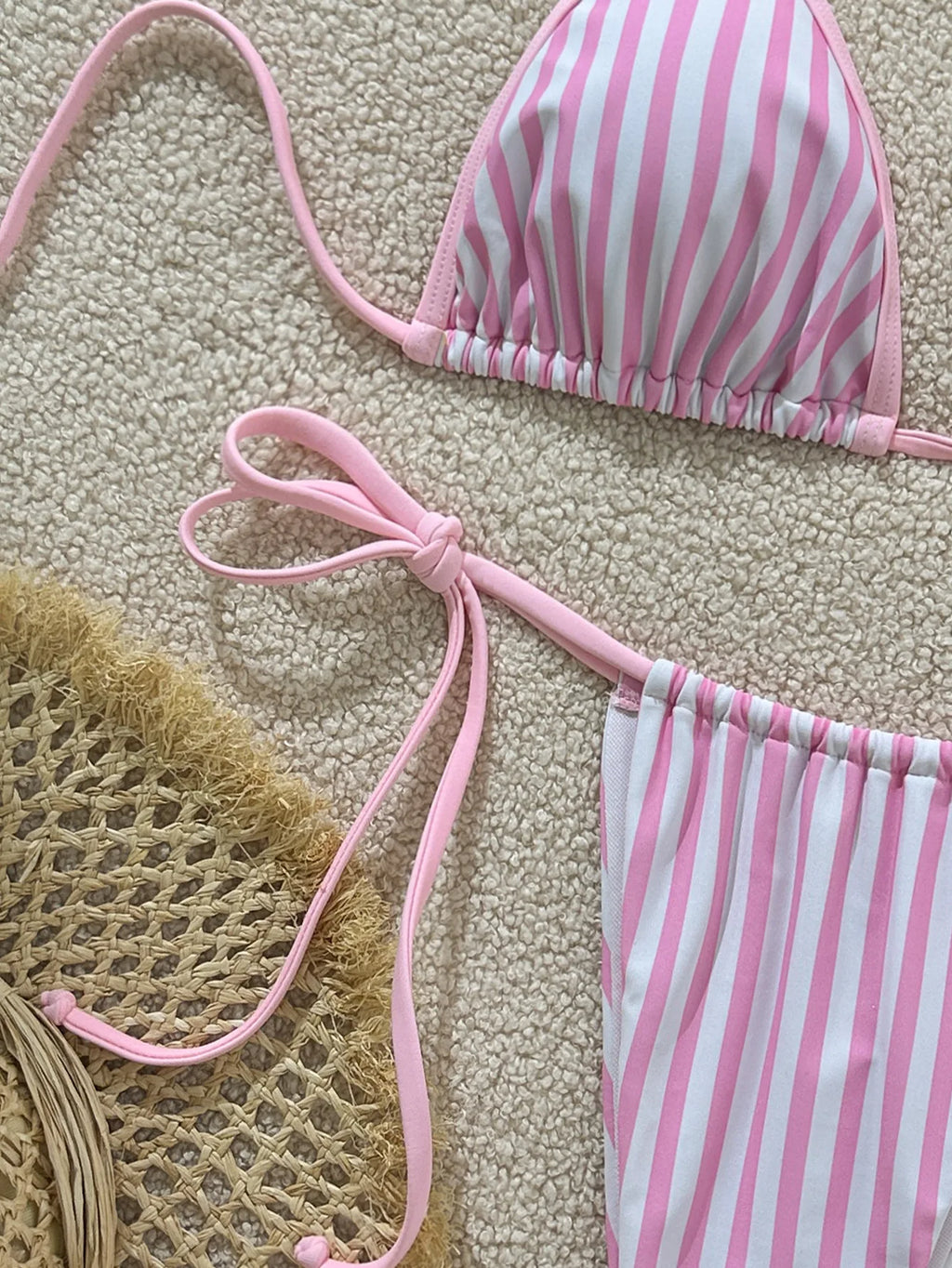 Pastel Pink and White Striped Triangle String Bikini