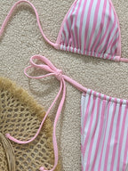 Pastel Pink and White Striped Triangle String Bikini
