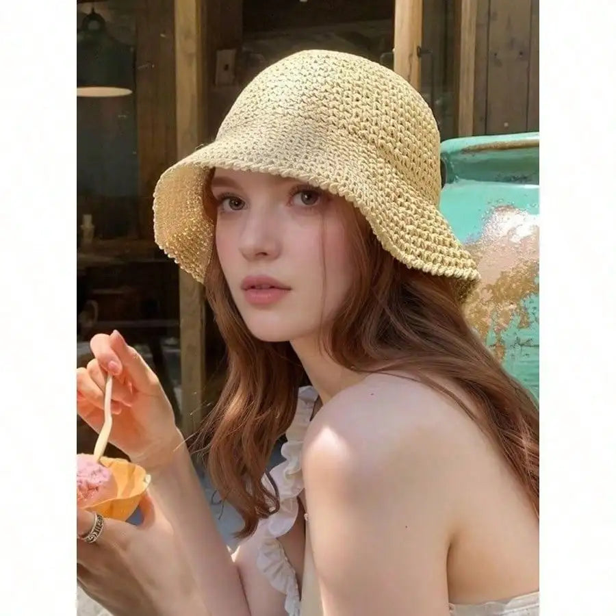 Women's Woven Bucket Sun Hat with Textured Design for Casual Beach and Vacation Wear