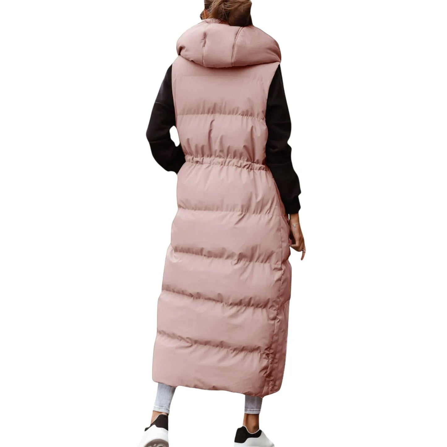 Women's Long Hooded Quilted Puffer Vest Relaxed Casual Winter Layering Outerwear
