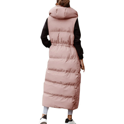 Women's Long Hooded Quilted Puffer Vest Relaxed Casual Winter Layering Outerwear