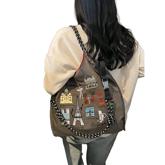 Graphic Embroidered Utility Tote Bag with Large Capacity Carry Design