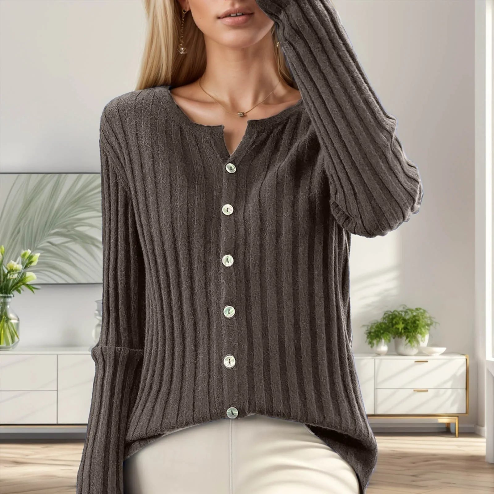 Women's Ribbed Button Front Relaxed Knit Contemporary Sweater Cardigan Top