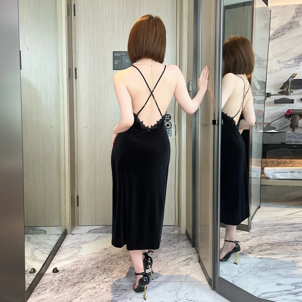 Minimalist Black Velvet Long Slip Dress with Delicate V-Neck