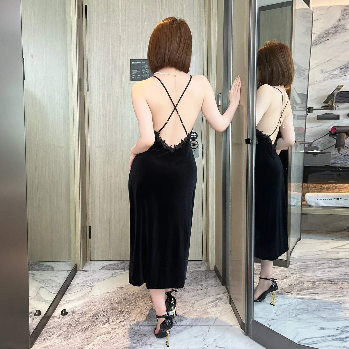Minimalist Black Velvet Long Slip Dress with Delicate V-Neck
