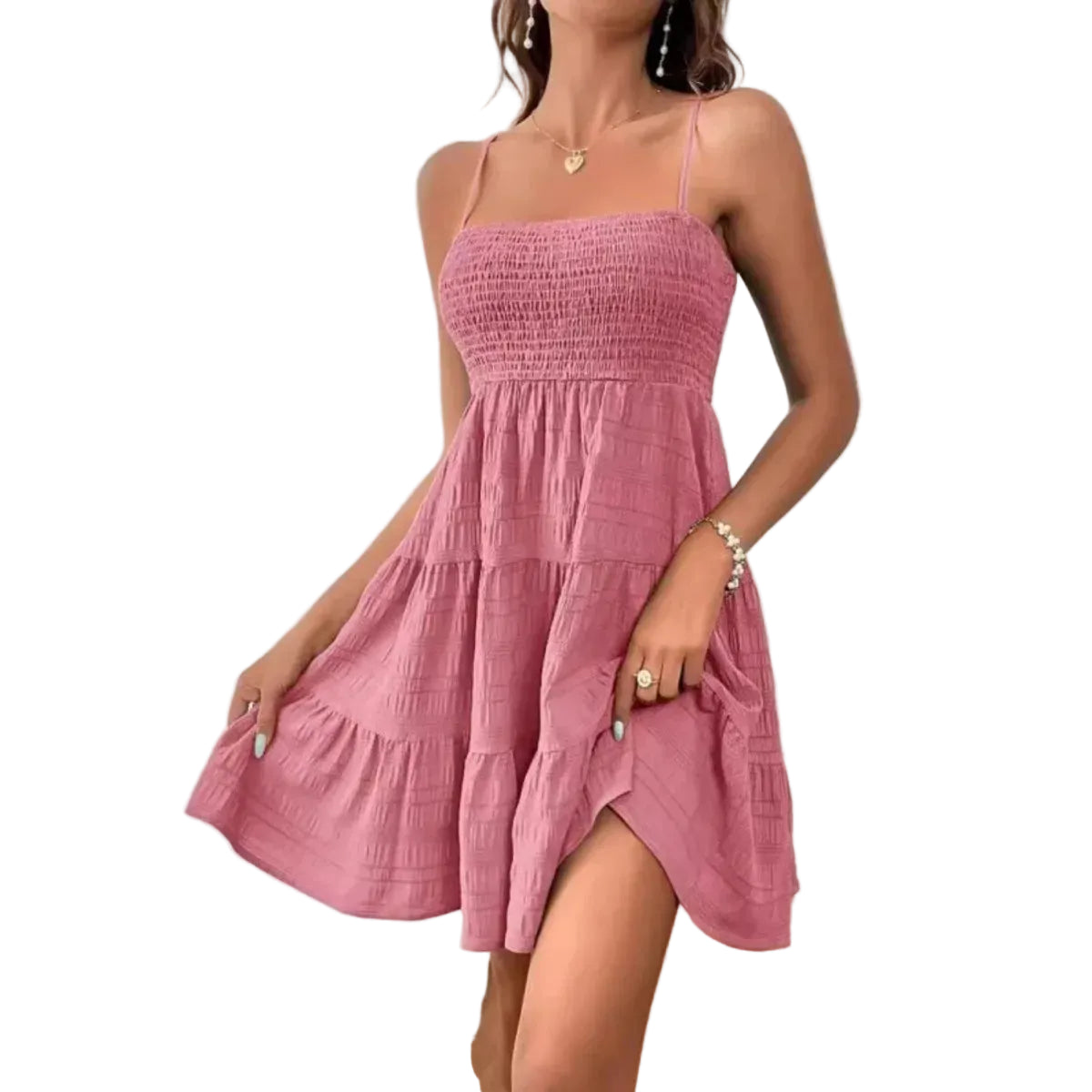 Smocked Bustier Mini Dress with Tiered Hem and Spaghetti Strap Design
