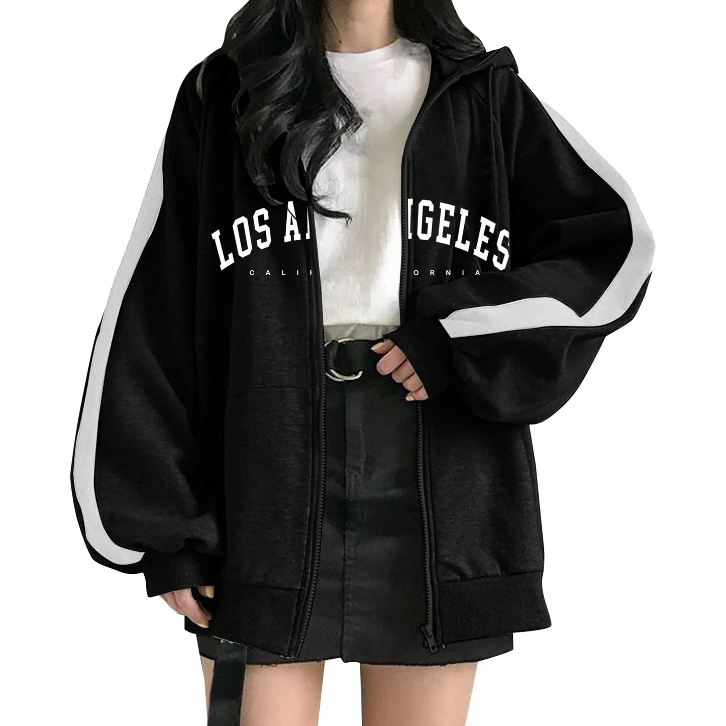 Women's Oversized Zip-Up Hoodie with Typography Graphic Relaxed Streetwear Everyday Style