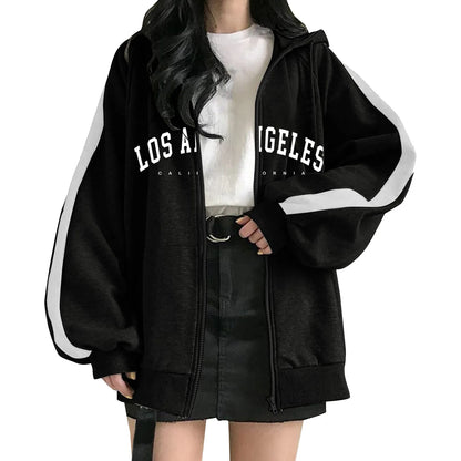 Women's Oversized Zip-Up Hoodie with Typography Graphic Relaxed Streetwear Everyday Style