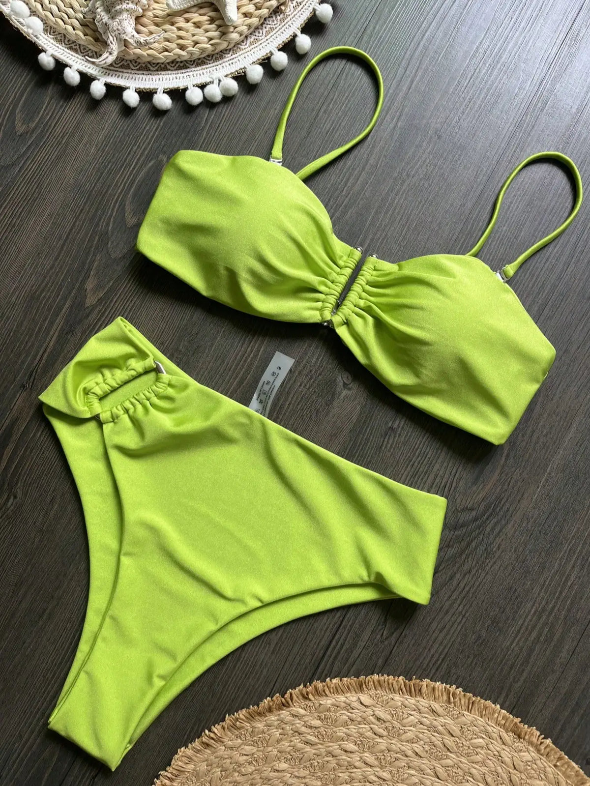 Olive Green Bandeau Bikini Set with Center Hardware and Ruched Detailing