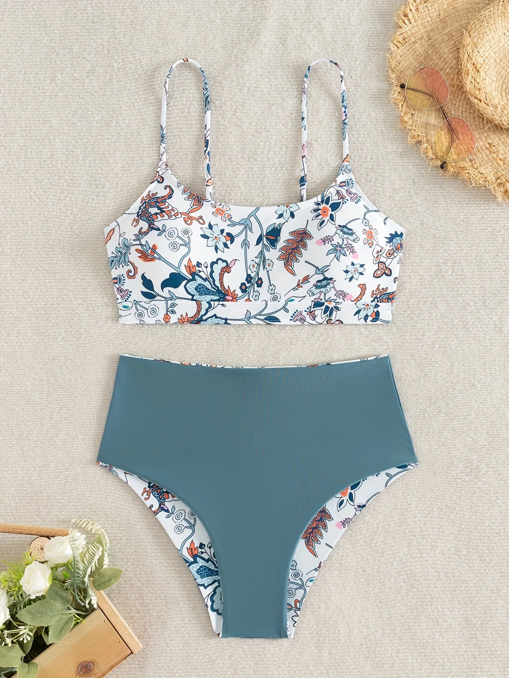 Vintage-Inspired Floral Print High-Waisted Bikini with Bralette Top