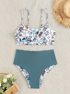 Vintage-Inspired Floral Print High-Waisted Bikini with Bralette Top