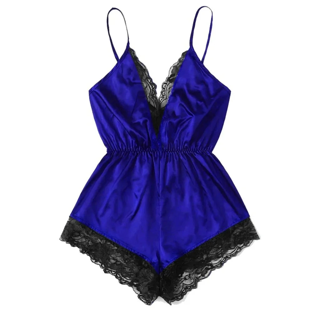 Sleek Satin-Finish Romper Teddy with Plunging V-Neckline and Eyelash Lace Trim