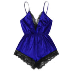 Sleek Satin-Finish Romper Teddy with Plunging V-Neckline and Eyelash Lace Trim
