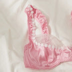 Shimmering Light Blue Satin and White Lace Underwire Demi Bra Set
