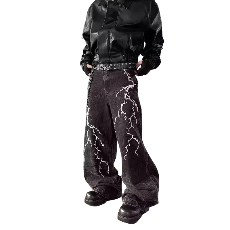 Men's Wide Leg Denim Jeans with Decorative Embroidery and Relaxed Streetwear Silhouette