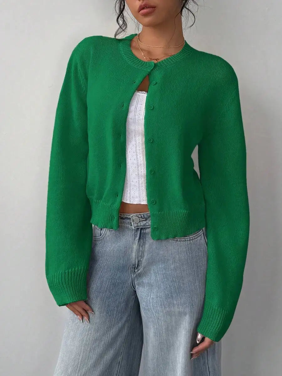 Women's Cropped Crew Neck Relaxed Fit Minimalist Knit Sweater