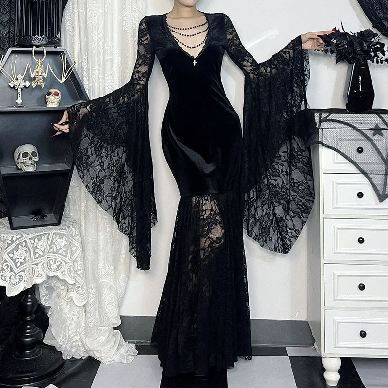 Elegant Gothic Mermaid Dress with Dramatic Sleeves and Dark Styling