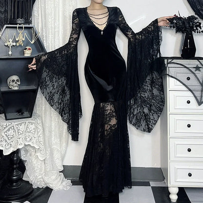 Elegant Gothic Mermaid Dress with Dramatic Sleeves and Dark Styling