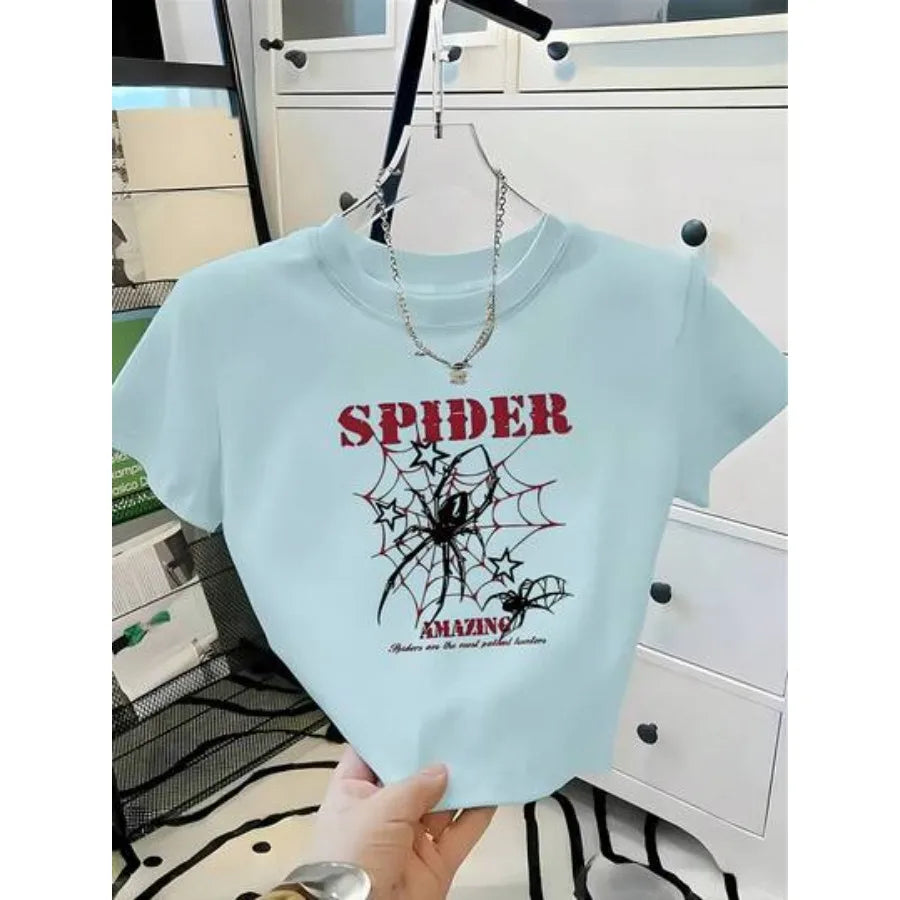 Spider Web Graphic Baby Tee with Fitted Crop Silhouette and Alternative Style