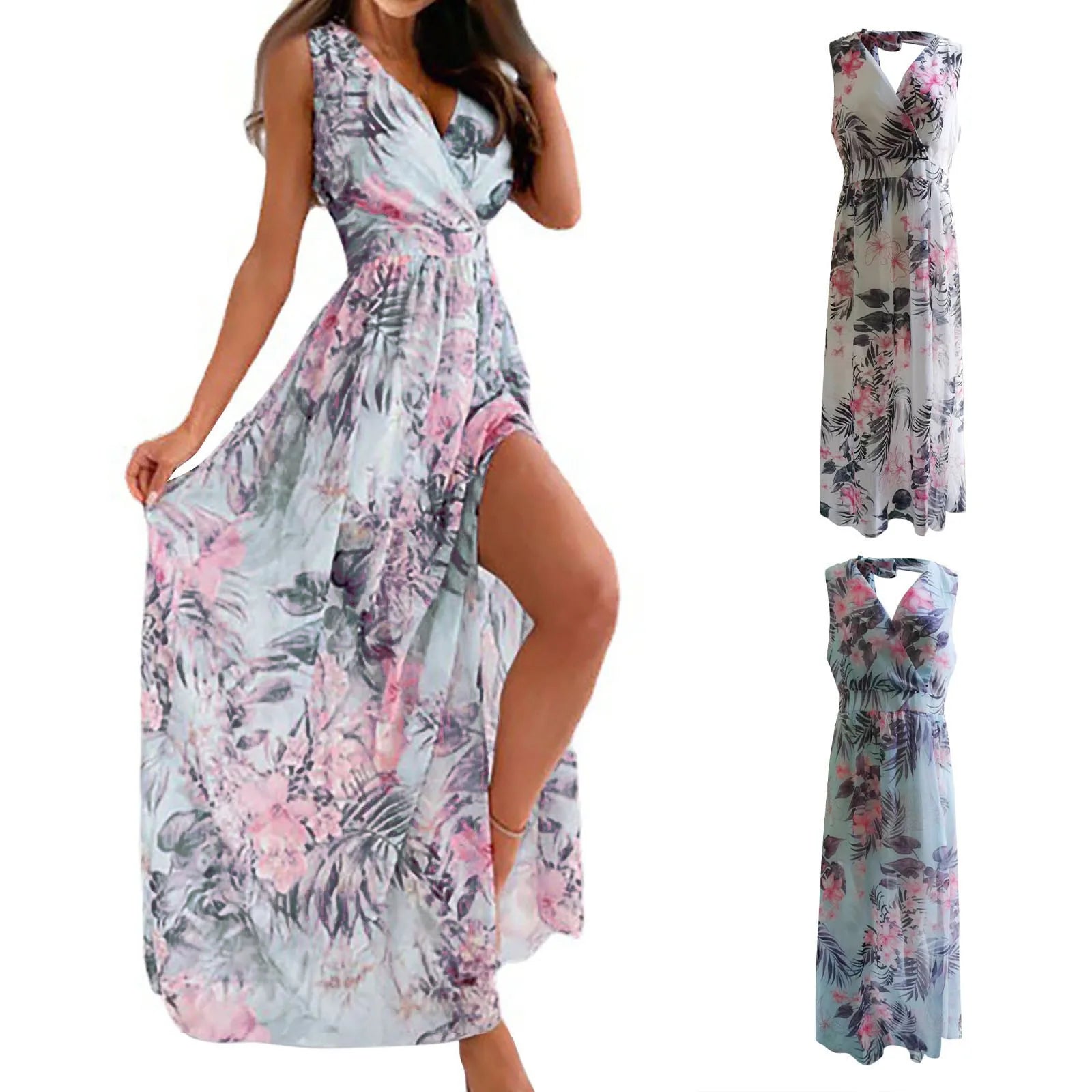 Floral Print Maxi Dress with Sleeveless Design and High Slit Hem