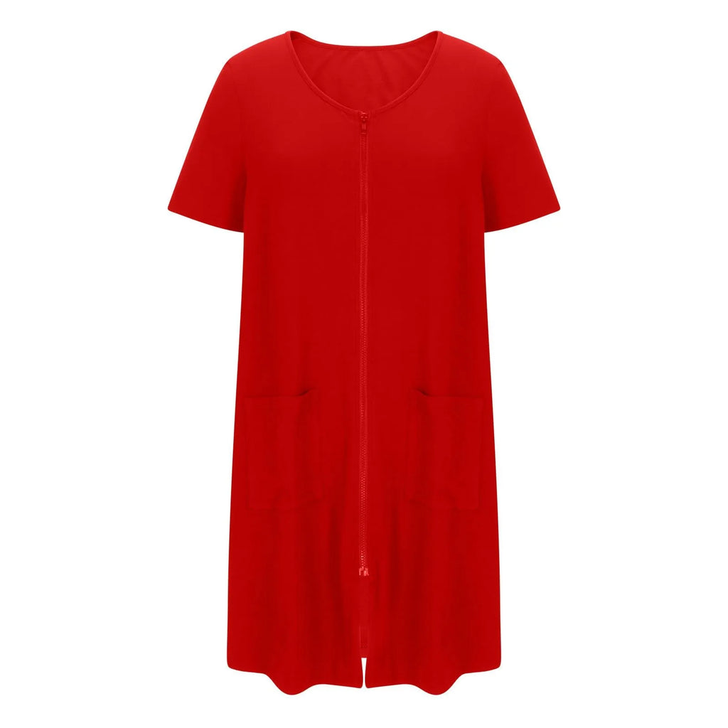 Women's Lightweight Zipper-Front Robe, Short-Sleeve Knee-Length Bathrobe with Pockets, Soft Casual Homewear and Sleepwear