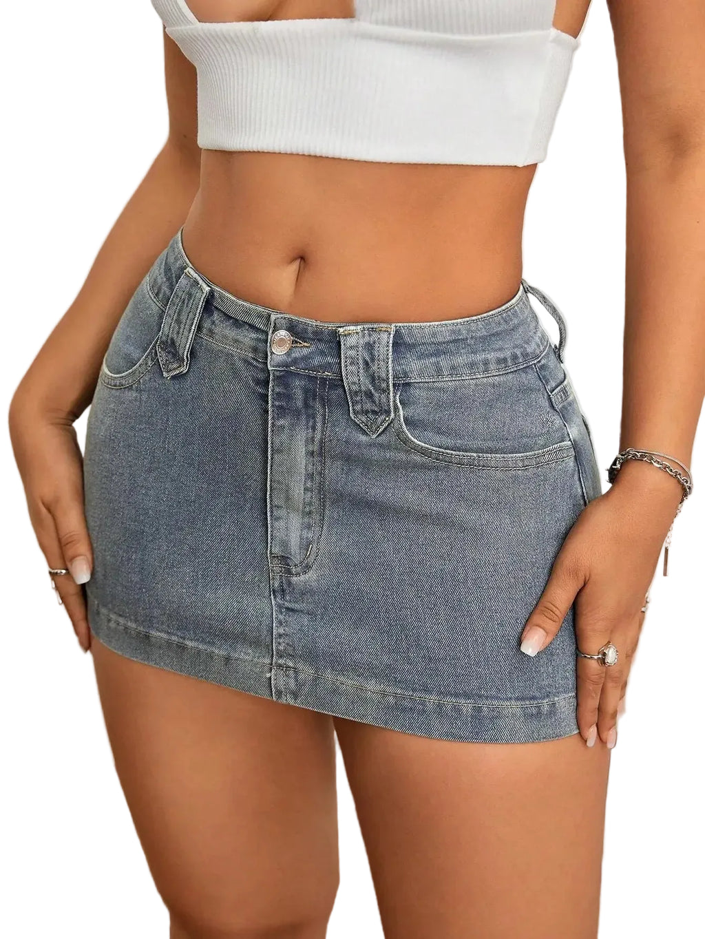 Washed Denim Bodycon Mini Skirt with Front Pockets and Slim Fit