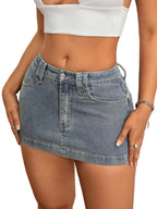 Washed Denim Bodycon Mini Skirt with Front Pockets and Slim Fit