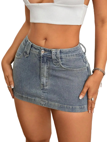 Washed Denim Bodycon Mini Skirt with Front Pockets and Slim Fit