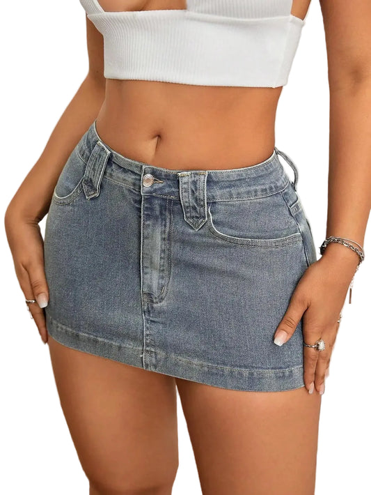 Washed Denim Bodycon Mini Skirt with Front Pockets and Slim Fit