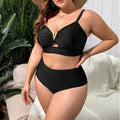 Plus-Size Solid Black High-Waisted Bikini with V-Notch Hardware