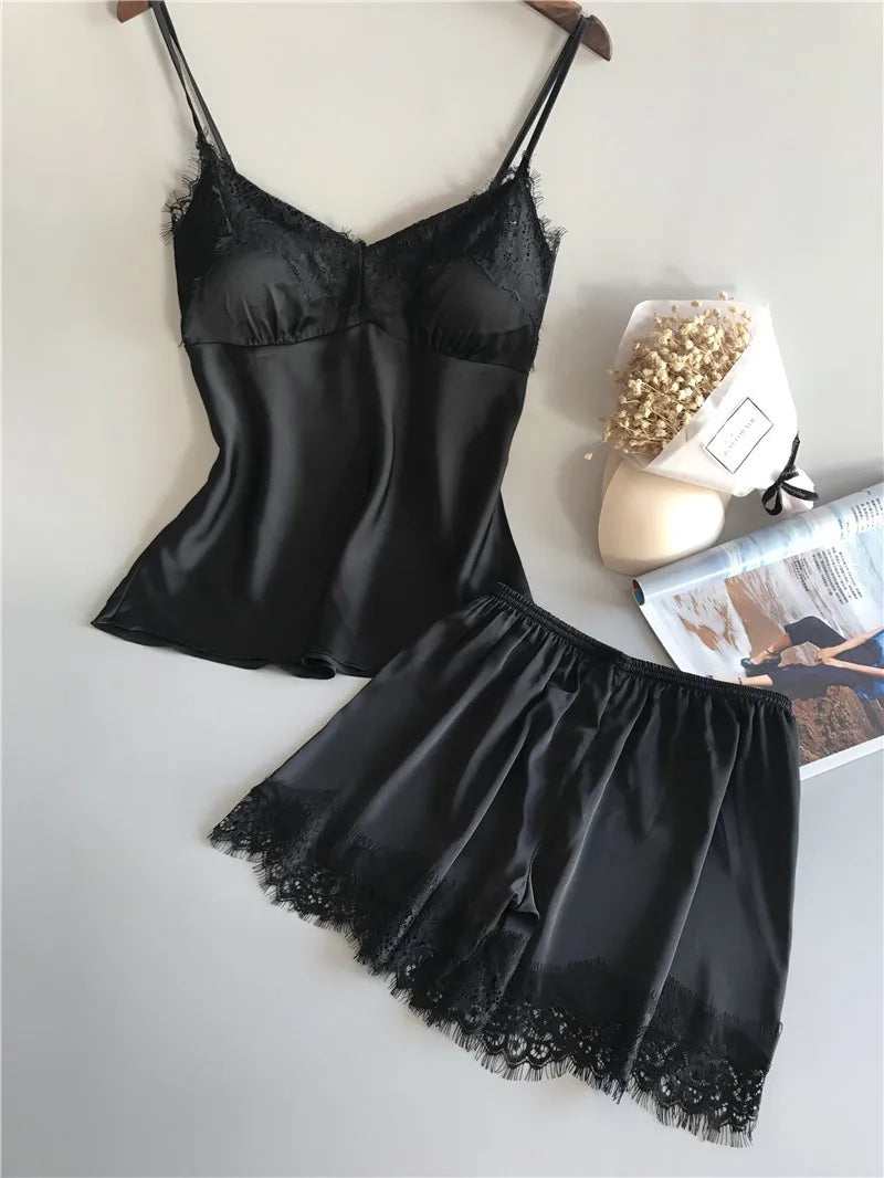 Sleek Satin-Finish Black Camisole and Shorts Sleep Set with Delicate Lace Trim