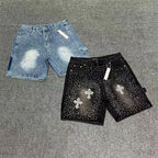 Men's Distressed Denim Shorts with Decorative Rhinestone Details and Modern Streetwear Style