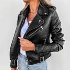 Women's Cropped Faux Leather Moto Jacket with Asymmetrical Zip Contemporary Streetwear Design