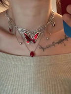 Layered Butterfly Choker Necklace with Crystal Drop Dark Romantic Gothic Style