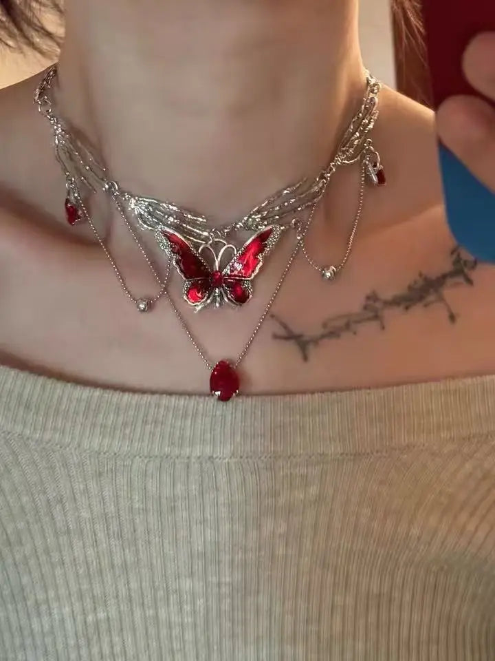 Layered Butterfly Choker Necklace with Crystal Drop Dark Romantic Gothic Style