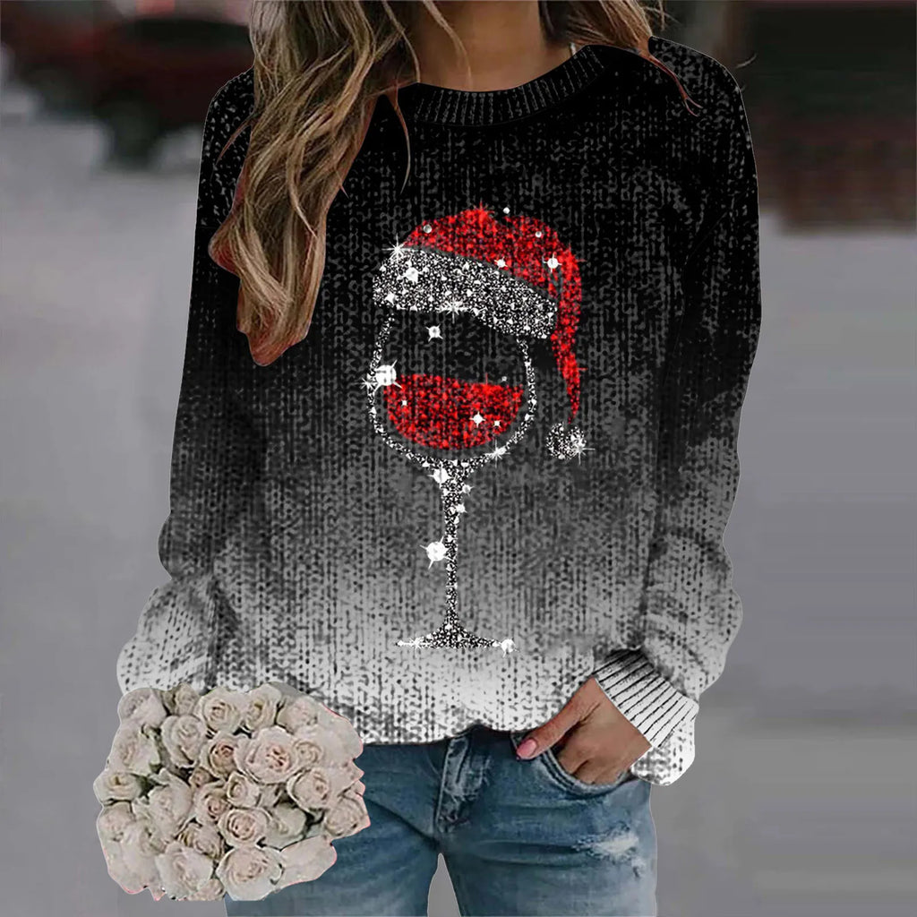 Women's Festive Graphic Crew Neck Thick Knit Pullover Sweater With Relaxed Fit