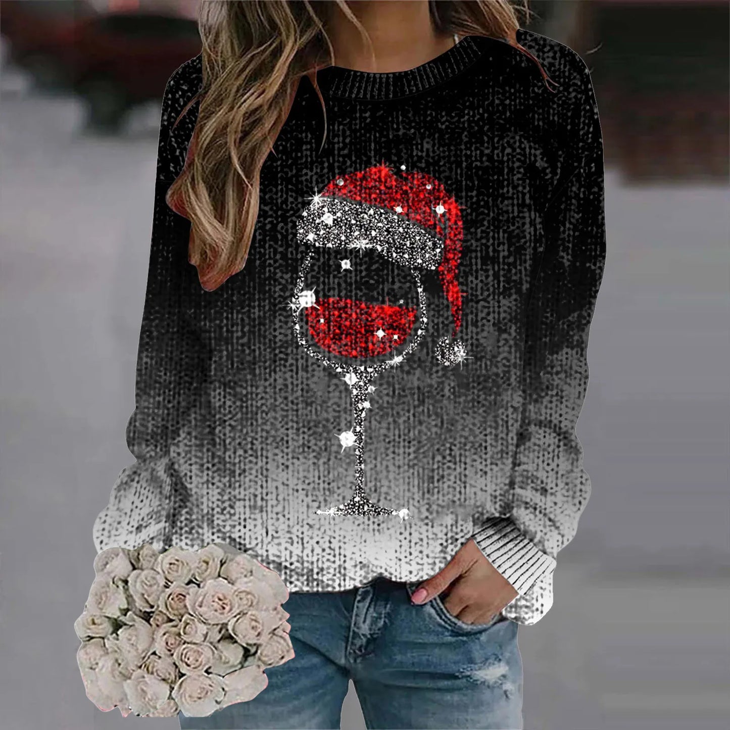 Women's Festive Graphic Crew Neck Thick Knit Pullover Sweater With Relaxed Fit