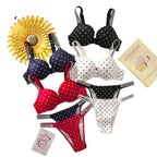 Retro Polka Dot Push-Up Bra and Rhinestone Statement Strap Thong Set